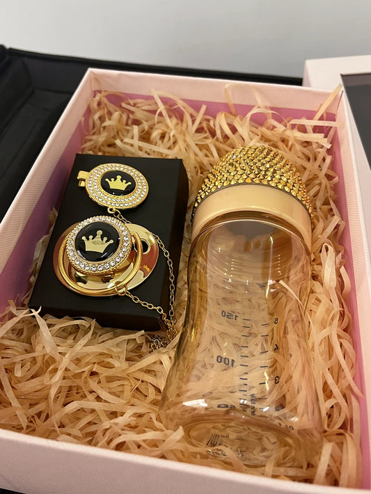 Luxe Baby Fles & Fopspeen Set – Goud met Kristallen